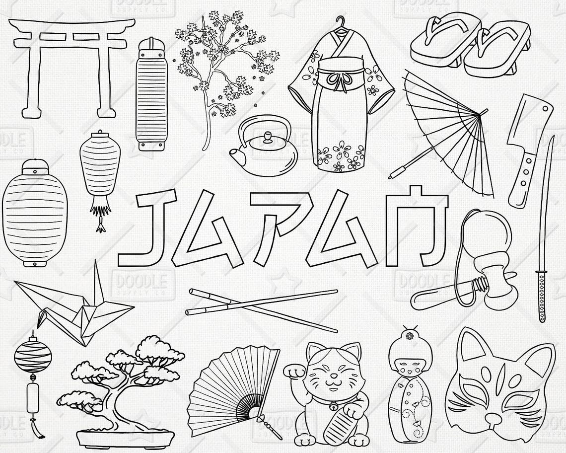 Doodle Japan Clipart Vector Pack, Japanese Doodles, Asia Clipart, Japanese Vectors, Japan