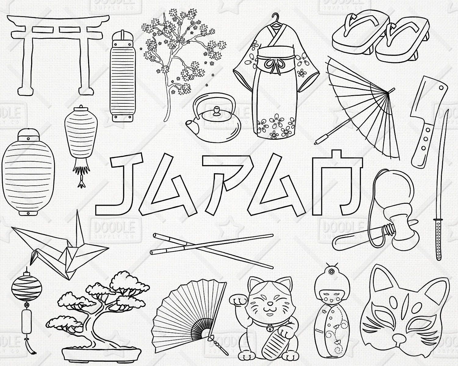 Doodle Japan Clipart Vector Pack Japanese Doodles Asia | Etsy