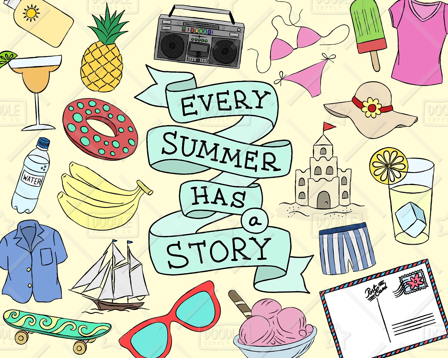 Download Summer Clipart Vector Pack Beach Clipart Summer Doodle Etsy
