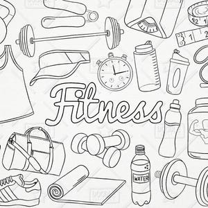 Doodle fitness pakiet Vector, sala gimnastyczna clipart, ćwiczenia clipart, wykonywanie clipartów, Sport, fitness wektory, naklejki fitness, SVG, plik PNG