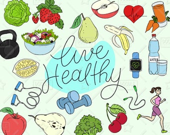 Healthy Lifestyle Clipart Vector Pack, Live Healthy Graphics, Health Clipart, Fitness, Fruit, Vegetable, Health Sticker, SVG, PNG file