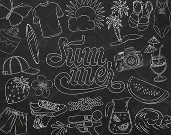 Chalkboard Summer Vector Pack, Beach Clipart, Summer Doodle, Vacation Clipart, Summer Icons, Summer Stickers, SVG, PNG file