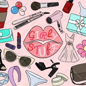 May include: A pink background with a variety of girly items, including a pair of sunglasses, a coffee cup, a hair straightener, a hair dryer, a lipstick, a flower, a dress, a purse, a headband, a pair of heels, a gift box, a bra, and a pair of lips with the text "Girly Stuff".
