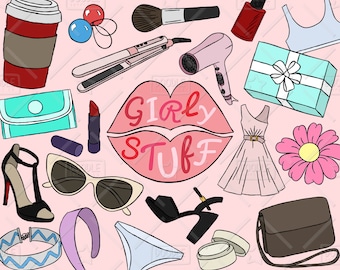 Girly Stuff Clipart vectoriel Pack, choses Girly, Girly Clipart, Clipart maquillage, Pretty Things, planificateur de fille, autocollant Girly, SVG, fichier PNG