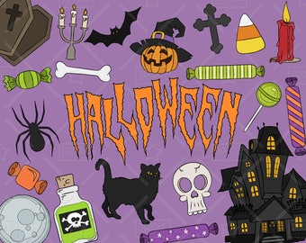 Halloween Clipart vectoriel Pack Halloween Doodles, crâne Clipart, bonbon maïs Clipart, vecteurs Halloween, Halloween autocollants, SVG, fichier PNG