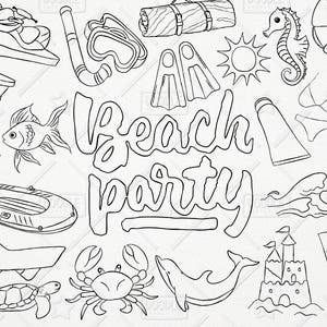 Doodle Beach Party Vector Pack, Summer Clipart, Vacation Clipart, Holiday Clipart, Beach Graphics, Beach Sticker, SVG, PNG file