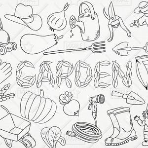Doodle Gardening Vector Pack, Garden Clipart, Vegetables Clipart, Lawn Mower Clipart, Gardening Graphics, Garden Stickers, SVG, PNG file