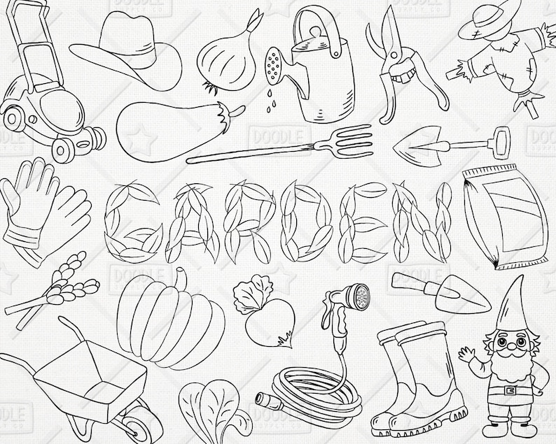 Download Clip Art Garden Clipart Vegetables Clipart Garden Stickers Doodle Gardening Vector Pack Gardening Graphics Png File Lawn Mower Clipart Svg Art Collectibles