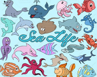 Sea Life Clipart Vector Pack, Ocean Clipart, Sea Animals, Aquatic Animals Clipart, Sea Graphics, Marine Life Clipart, SVG, PNG file