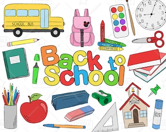 Back To School Clipart Vector Pack, Hand Drawn School Clip Art, School Supplies, Backpack,Notebook, Scissors, Pencils Clipart, SVG, PNG file