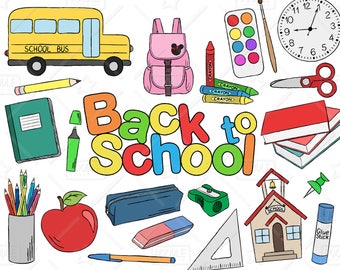 Zurück zu Schule Clipart Vektor-Pack, von Hand gezeichnet Schule Clip Art, Schulmaterial, Rucksack, Notebook, Schere, Stifte Clipart, SVG, PNG-Datei