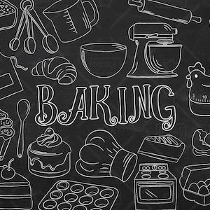 Schoolbord bakken Vector Pack, keuken Clipart, gebak Clipart, grafische bakken, Oven, eieren, chef-kok hoed, Cake, schort Clipart, SVG, PNG-bestand