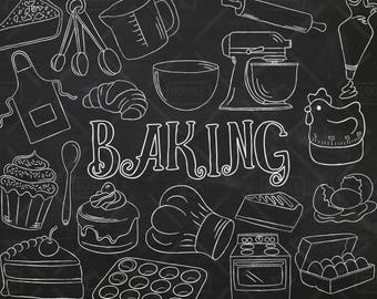 Chalkboard Baking Vector Pack, Kitchen Clipart, Pastry Clipart, Baking Graphics, Oven, Eggs, Chef Hat, Cake, Apron Clipart, SVG, PNG file