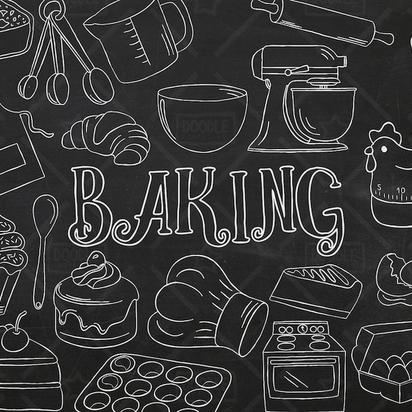 Chalkboard Baking Vector Pack, Kitchen Clipart, Pastry Clipart, Baking Graphics, Oven, Eggs, Chef Hat, Cake, Apron Clipart, SVG, PNG file