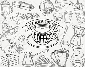 Doodle Coffee Vector Pack, Coffee Shop, Bakery, Cafe Clipart, Latte, Cappuccino, Espresso, Sweets Clipart, Coffee Sticker, SVG, PNG file