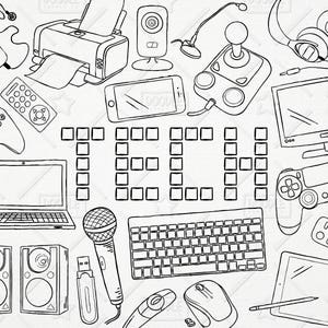 Doodle Technologie Vektor-Pack, Tech Clipart, Elektronik Clipart, elektronische Gadget Clipart, Computer Clipart, Aufkleber Clipart, SVG, PNG-Datei