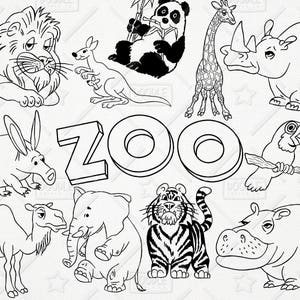 Doodle Zoo-Tiere-Vektor-Pack, niedlichen Tiere, Tiger, Löwe, Panda, Tucan, Elefant, Nashorn, Giraffe, Nilpferd, Känguru, SVG, PNG-Datei