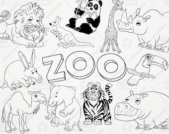 Doodle Zoo Animals  Vector Pack, Cute Animals, Tiger, Lion, Panda, Tucan, Elephant, Rhino, Giraffe, Hippo, Kangaroo, SVG, PNG file