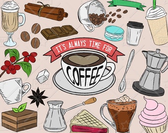 Coffee Clipart Vector Pack, Coffee Shop, Bakery, Cafe Clipart, Latte, Cappuccino, Espresso, Sweets Clipart, Coffee Sticker, SVG, PNG file