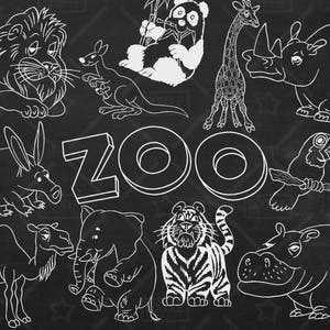Tafel-Zoo-Tiere-Vektor-Pack, niedlichen Tiere, Tiger, Löwe, Panda, Tucan, Elefant, Nashorn, Giraffe, Nilpferd, Känguru, SVG, PNG-Datei