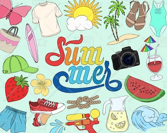 Summer Clipart Vector Pack, Beach Clipart, Summer Doodle, Vacation Clipart, Summer Icons, Summer Stickers, SVG, PNG file