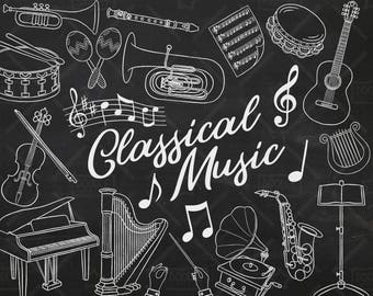 Chalkboard Music Vector Pack, Musical Instruments Clipart, Piano Clipart, Violin Clipart, Guitar Clipart, Music Stickers, SVG, PNG file