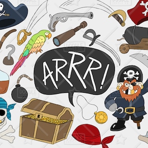 Pirata Pack de vectores de imágenes prediseñadas, decoraciones del partido pirata, pirata Vector, tesoro, mapa, imágenes prediseñadas de la aventura, pirata pegatina, SVG, archivo PNG