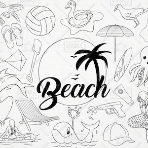Doodle Beach Clipart Vector Pack, Summer Clipart, Vacation Clipart, Holiday Clipart, Beach Party, Beach Sticker, SVG, PNG file