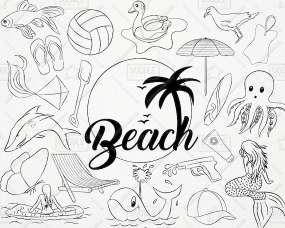 Doodle Beach Clipart Vector Pack Summer Clipart Vacation Etsy