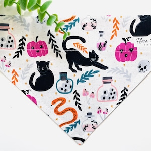 Può includere: Bandana triangolare bianca per animali domestici con un motivo ripetuto di gatti neri, zucche rosa, bottiglie di pozioni, serpenti arancioni e teschi. La bandana ha un logo Flora Soul Design.