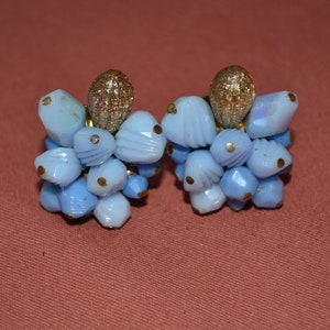Rare Unique West Germany 1950&#39;s Blue Beaded Clip On Earrings