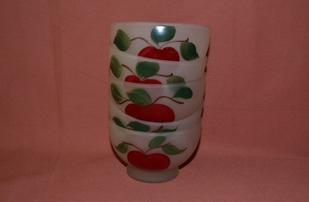 Set of 5 Vintage Apple Bowls Hand Painted Federal Glass Frosted