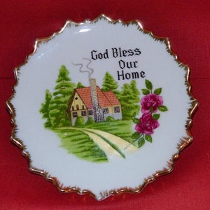 Vintage 1950s Decorative Plate God Bless Our Home Made in Japan Ceramic Dish Nevco Mid Century Religious Decor
