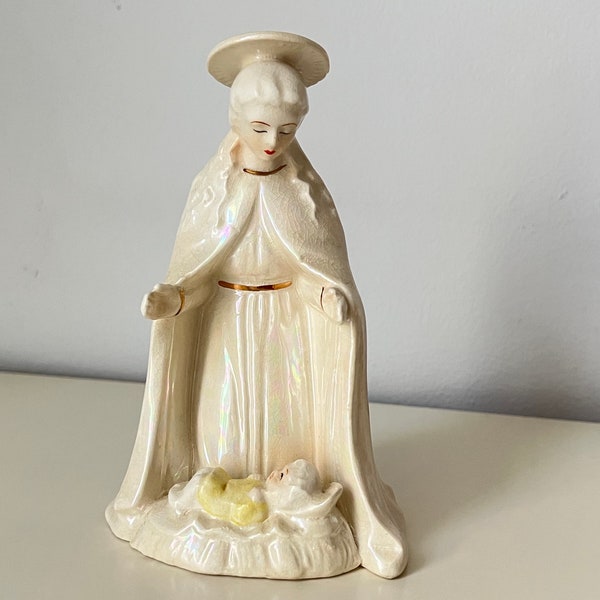 Vintage 1950s Mother Mary Iredescent Statue Figurine Madonna and Child Baby Jesus Made in Japan Mid Century Religious Catholic