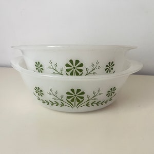 Vintage Glasbake Casserole Dishes Green Daisy Milkglass Set of 2 Mid Century Kitchen 1960s Floral Primrose 60s