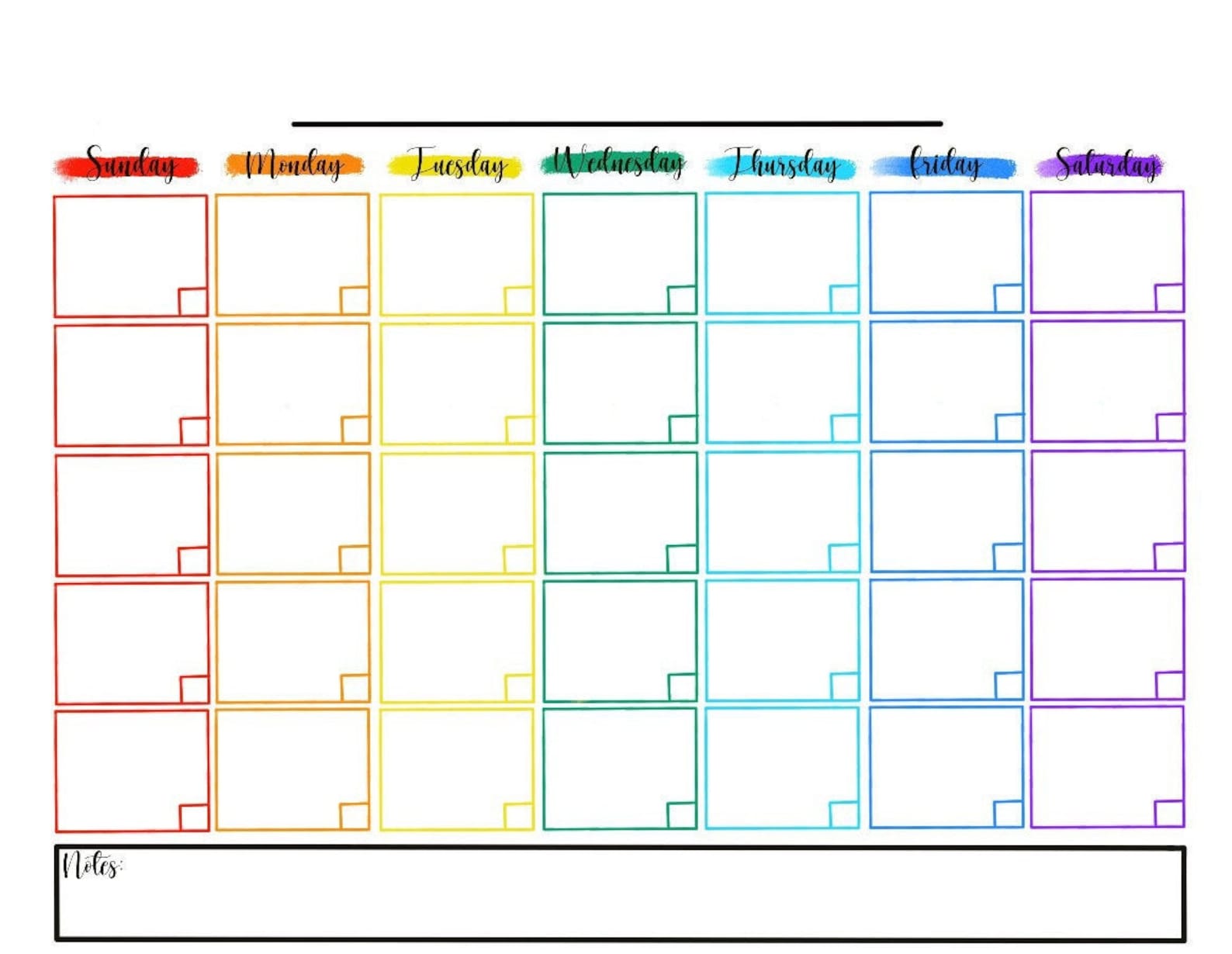 Blank Rainbow Calendar With Notes Section Teaching Etsy