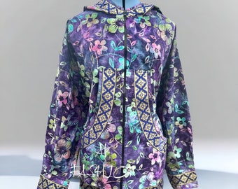 Purple floral kuspuk  with purple trim  alaska kuspuk dress/jacket batiks kuspuk