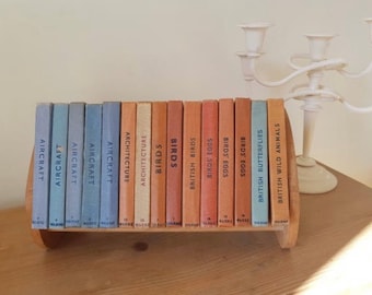 Puede incluir: Una estantería de madera con una colección de libros de bolsillo vintage sobre pájaros, aviones, arquitectura y otros temas. Los libros tienen cubiertas azules, naranjas y marrones con texto blanco.