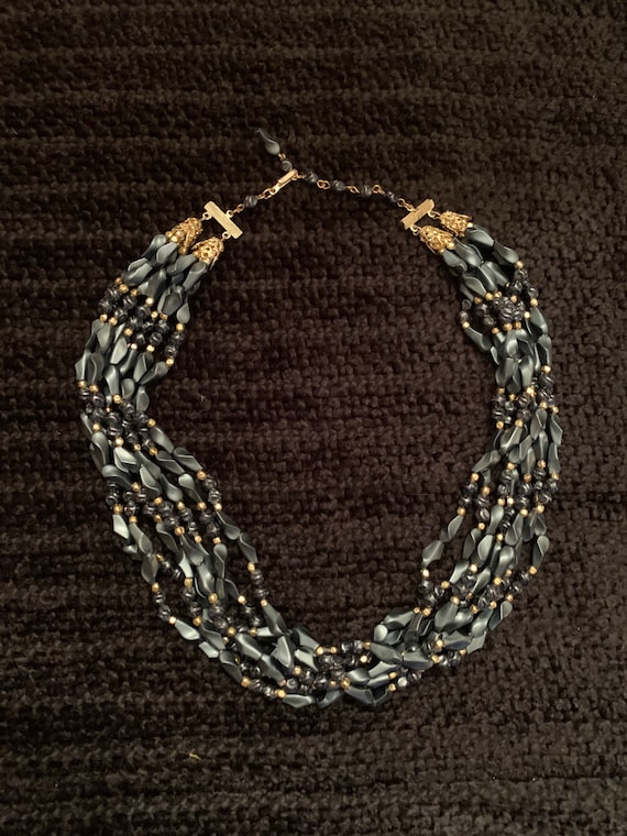 Navy Blue and Gold Beaded Necklace