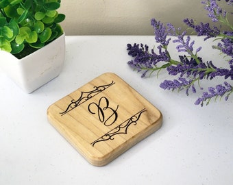 Personalized Carved Wooden Coaster - Initial - Last Name - Elegant and perfect for Home, Wedding Favors, Realtor New Home Housewarming Gifts