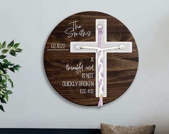 Custom UNIQUE ROUND Threefold Cord Wooden Wedding Ceremony Sign KJV | Last Name & Braided Cords with Accent Color | Unity Candle Alternative