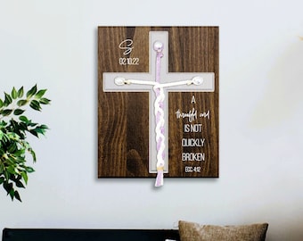 Custom UNIQUE Threefold Cord Wooden Wedding Ceremony Sign KJV | Last Initial & Braided Cords with Accent Color | Unity Candle Alternative