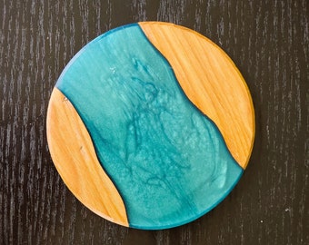 BEAUTIFUL Round EMERALD River Epoxy  Hickory Wooden Coaster | High QUALITY Hardwood for Coffee & Tea Lovers | Office Cafe New Home Gift