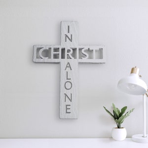In Christ Alone Scripture Cross Sign Bible Hymn Quote Farmhouse Style Carved 3D Decor for New Home Office Study Library Youtube Studio image 1
