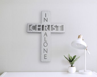 In Christ Alone Scripture Cross Sign | Bible Hymn Quote | Farmhouse Style Carved 3D Decor for New Home Office Study Library Youtube Studio