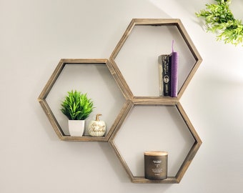 SOLID WOOD REPEATABLE Pattern Hexagonal Honeycomb Floating Shelves Set | Rustic Display Organization For Home Coffee Bar Living Room Office