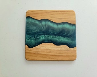 BEAUTIFUL Square EMERALD River Epoxy  Hickory Wooden Coaster | High QUALITY Hardwood for Coffee & Tea Lovers | Office Cafe New Home Gift