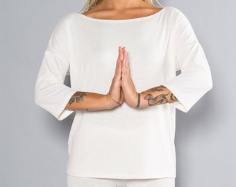 Camiseta blanca de bambú, camiseta de manga tres cuartos con cuello barco, camiseta blanca de Kundalini Yoga, hecha en Italia