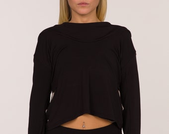Bambus Hoodie Sweatshirt, Schwarz Rosa Sweatshirt, schicke nachhaltige Activewear, Loungewear aus Bambusfaser, Kundalini Yoga Wear