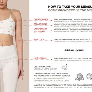 Puede incluir: Un conjunto de lencer&iacute;a blanco de dos piezas se muestra en una modelo, con texto en ingl&eacute;s e italiano que explica c&oacute;mo tomar medidas de pecho, busto, bajo pecho, cintura y caderas. El texto tambi&eacute;n sugiere usar una cinta m&eacute;trica o hilo y un medidor normal.